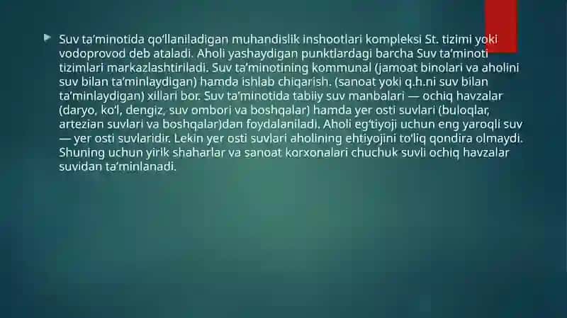 MAHALLIY VA MARKAZLASHGAN SUV TA’MINOTI HAQIDA TUSHUNCHA MAVZUSIDA TAYYORLAGAN ISHI 4