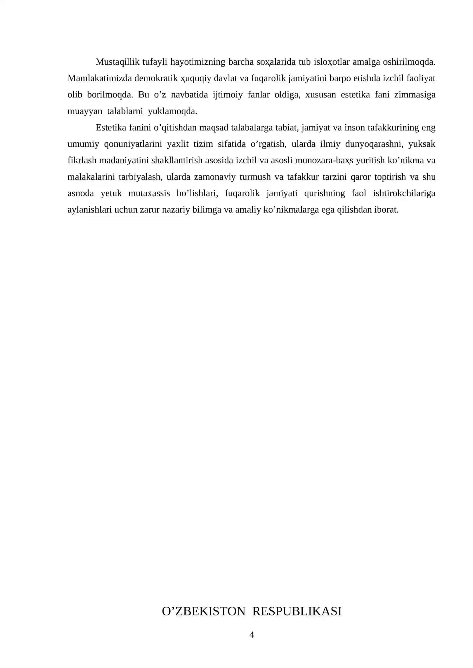 Estetika fanidan 3- kurs talabalari uchun 4