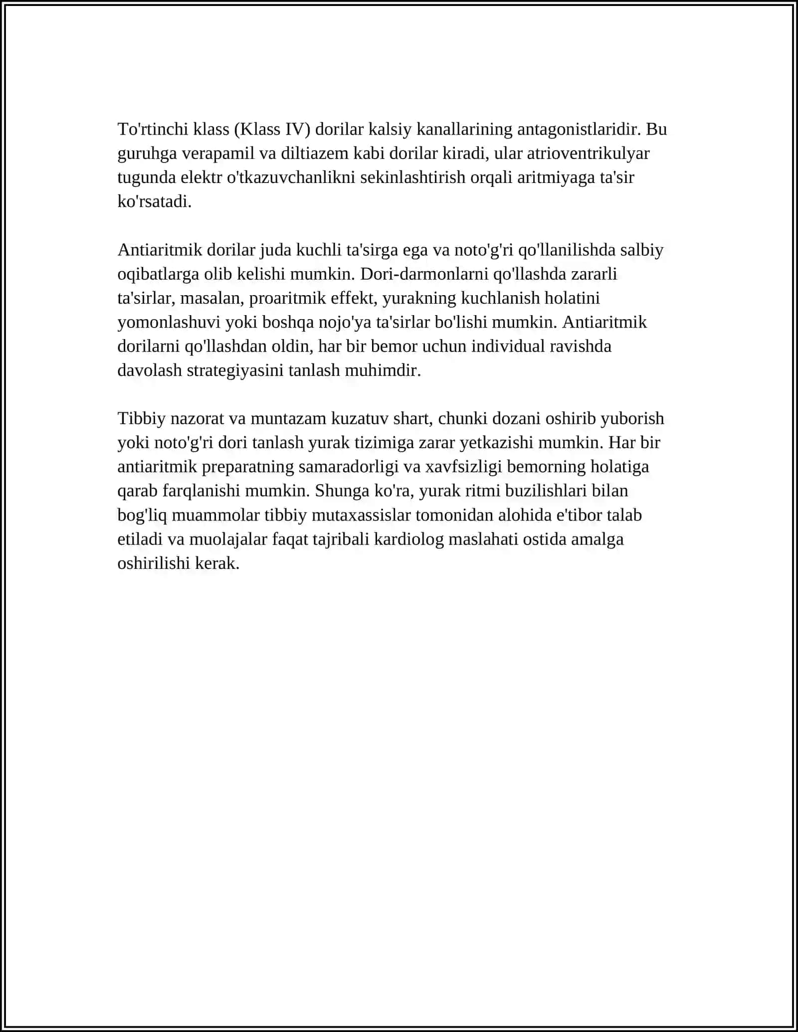 ANTIARITMIK DORI VOSITALARI.YURAK RITMINI ELEKTROKARDIOGRAFIK MONITORINGI. ARITMIYA CHAQIRISH MODELLARI. ANTIARITMIK TA'SIIRGA EGA FARMAKOLOGIK VA FITOFARMAKOLOGIK VOSITALAR TA'SIR MEXANIZMINI OʻRGANISH 4