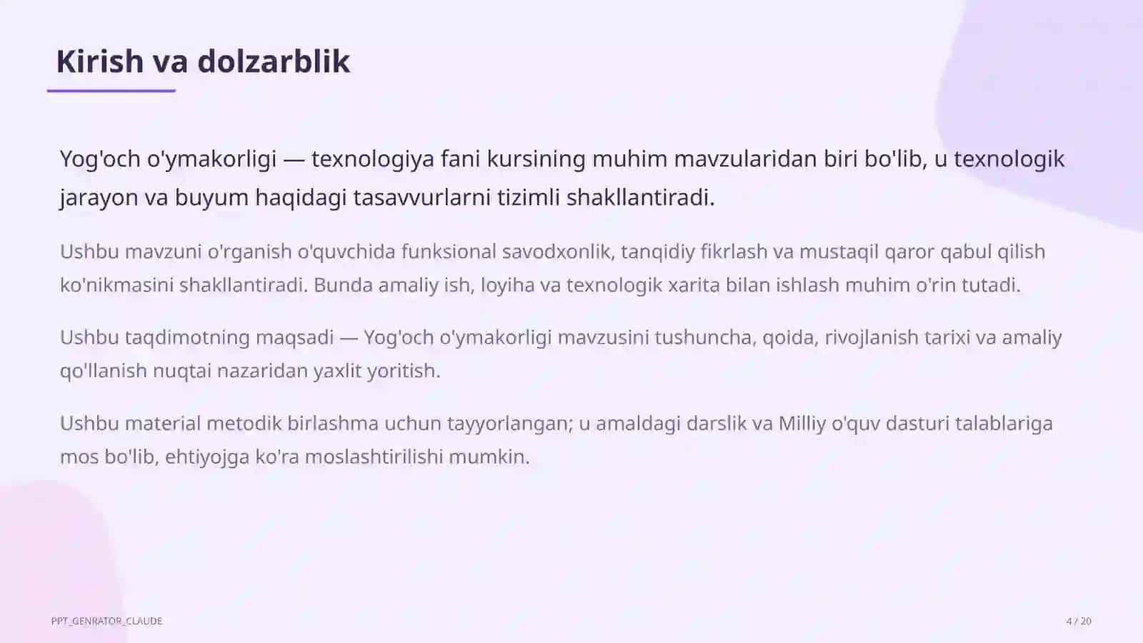 Texnologiya (1–11) — metodik birlashma uchun 4
