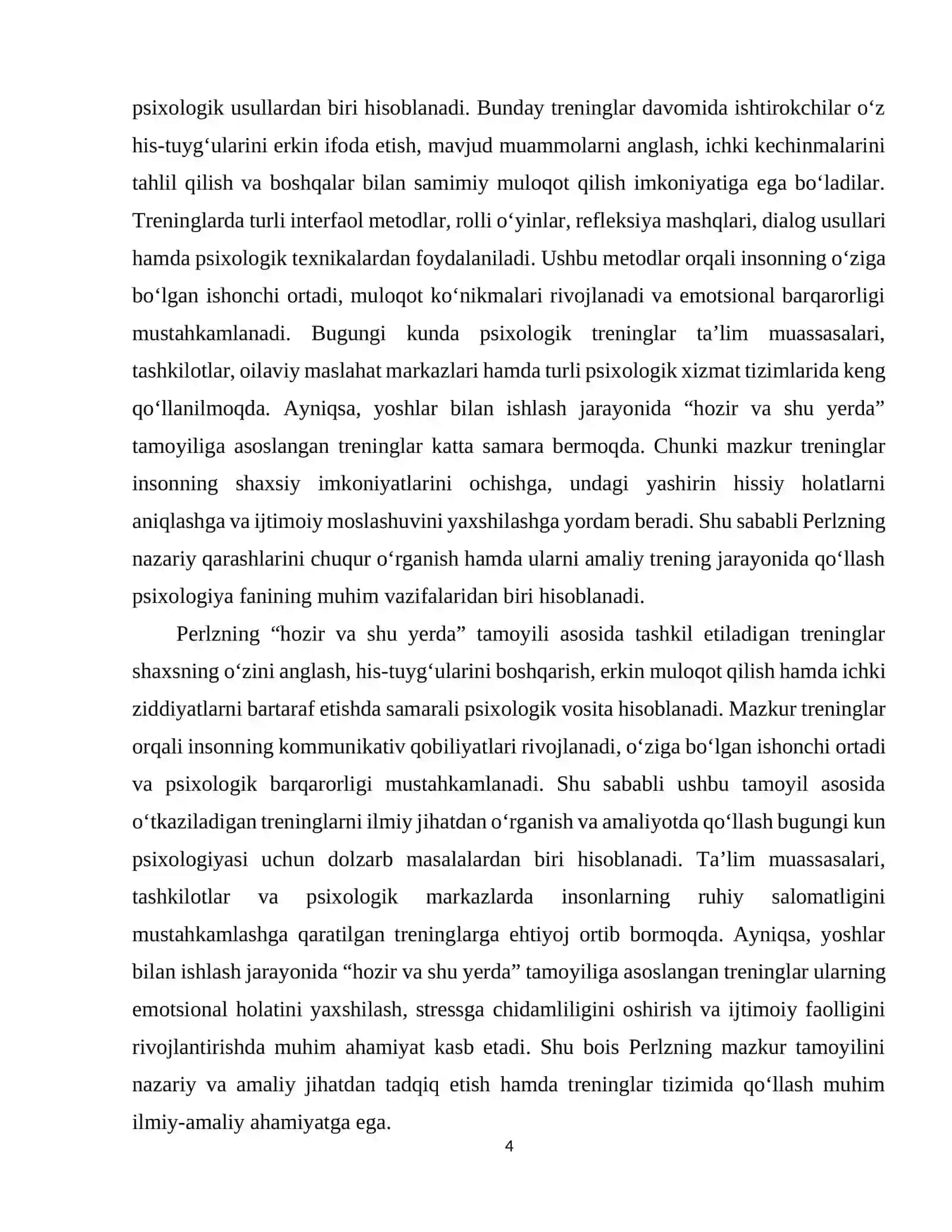 Perlzning "hozir va shu yerda" tamoili asosida o'tqaziladigan treninglar 4