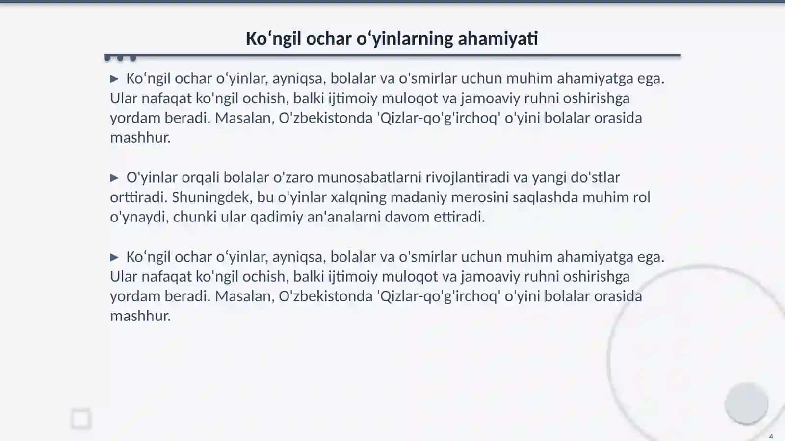 Musiqiy bayram ertaliklar va koʻngil ochar oʻyinlar 4