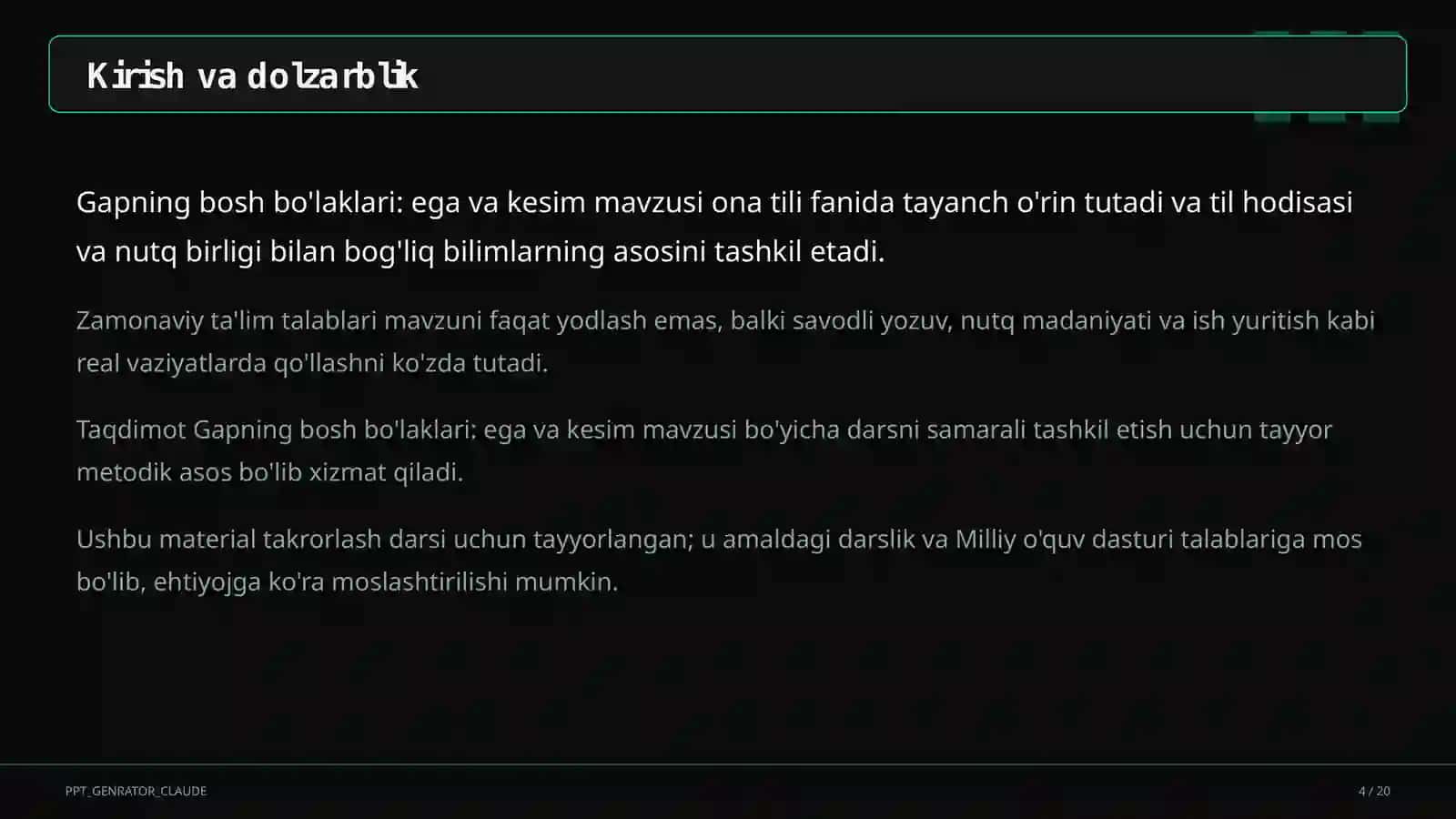 Gapning bosh bo'laklari: ega va kesim (8-sinf) 4