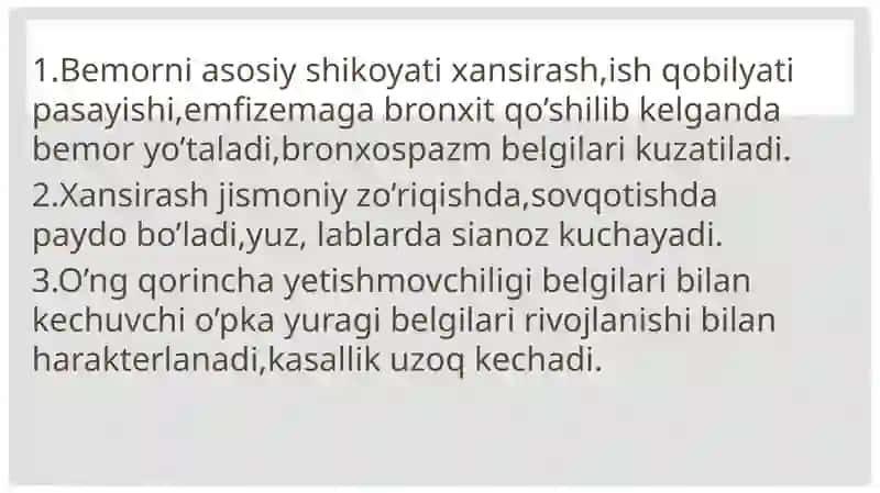 O’pkaemfizemasi etiologiyasi, klinikasi, tashxis, davolash, profilaktikasi 4