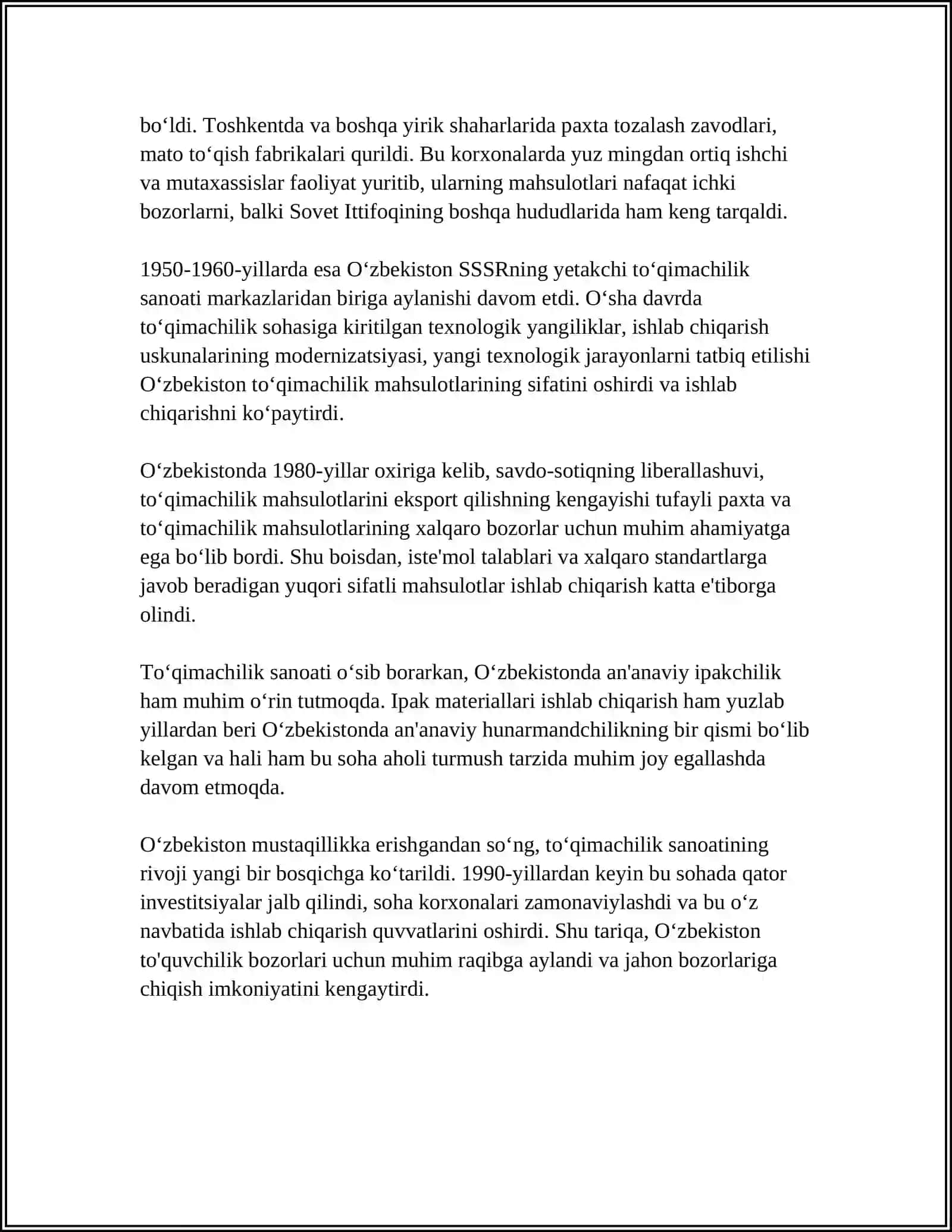Oʻzbekiston toʻqimachilik sanoati rivojlanish tarixi 4