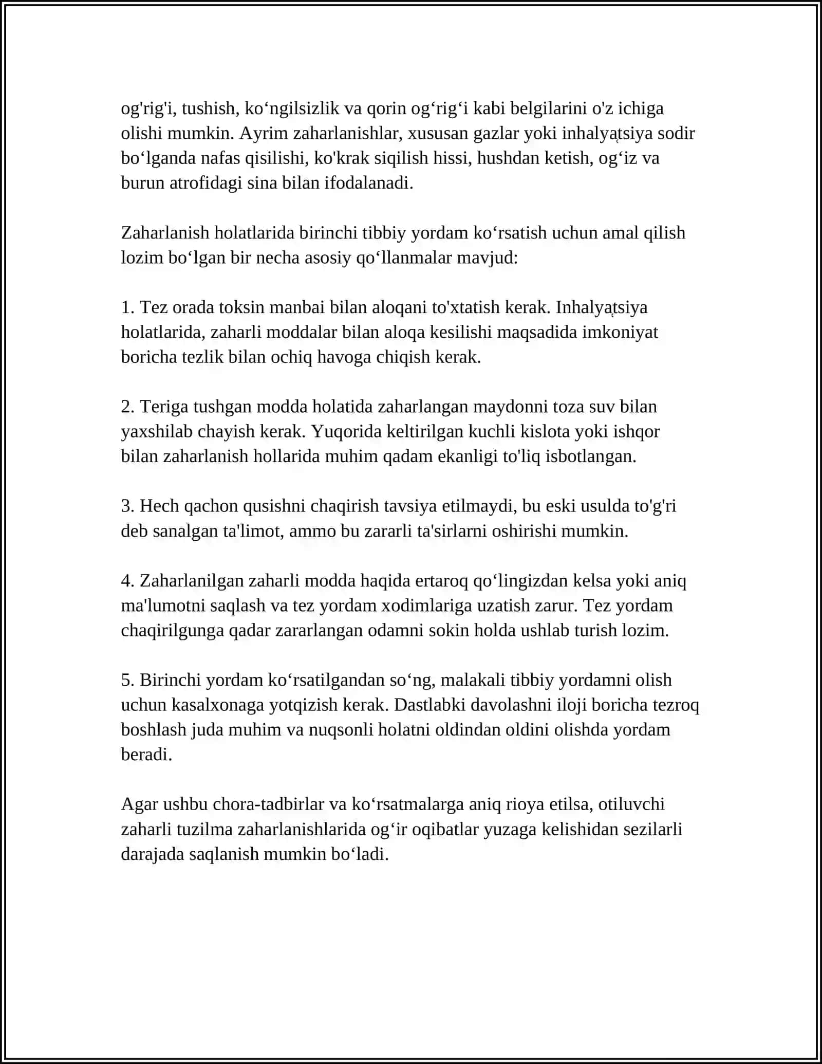 OTILUVCHI ZAHARLI TUZILMA ZAHARI BILAN ZAHARLANISH BELGILARI VA BU HOLATDA BIRINCHI YORDAMMI 4