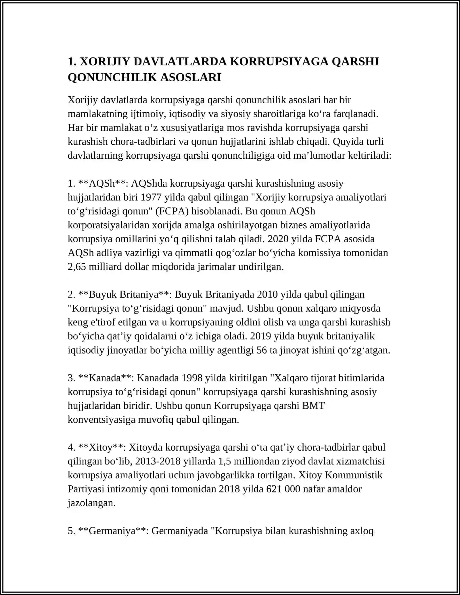 XORIJIY DAVLATLARDA KORRUPSIYAGA QARSHI KOMPLEANS NAZORAT TIZIMINI JORIY ETISHGA OID STANDARDLAR VA TAVSIYALAR 4