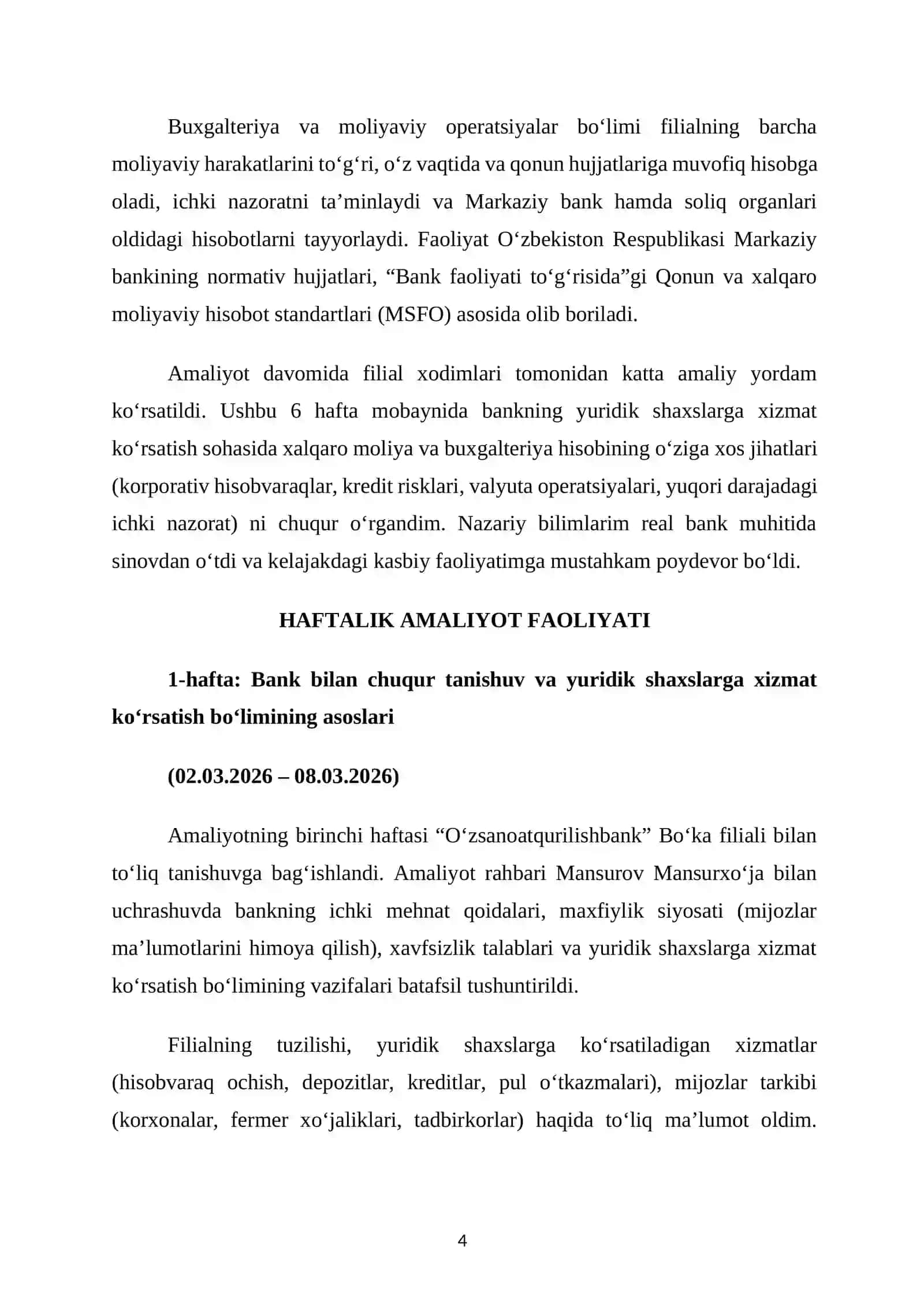 Oʻzsanoat qurilish bank. Bitiruv malakaviy amaliyot hisoboti 4
