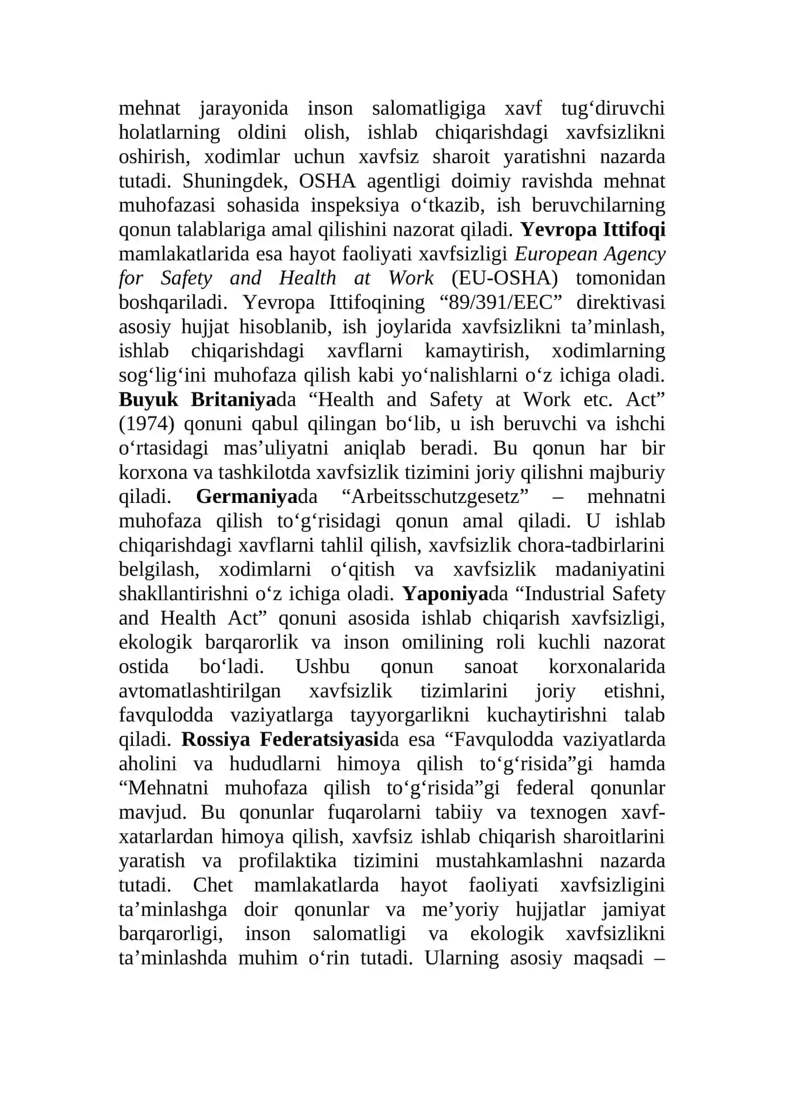 Hayot faoliyati xavfsizligini ta’minlashga oidchet davlatlarda qabul qilingan qonunlar va me’yoriyhujjatlar tahlili 4