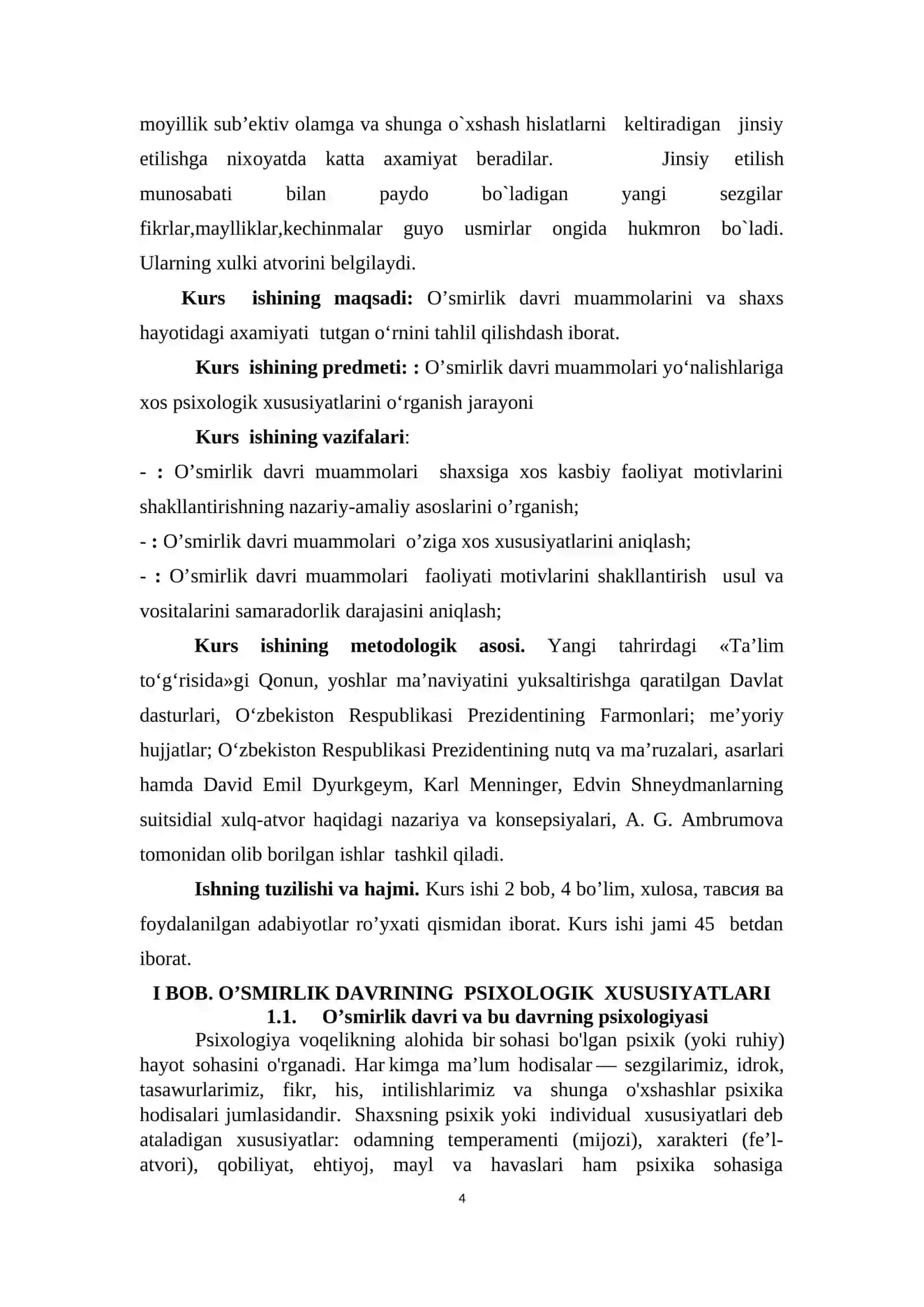 O’smir yoshdagi o‘quvchilarning muammolari va ularga ko‘rsatiladigan yordam kurs ishi 4
