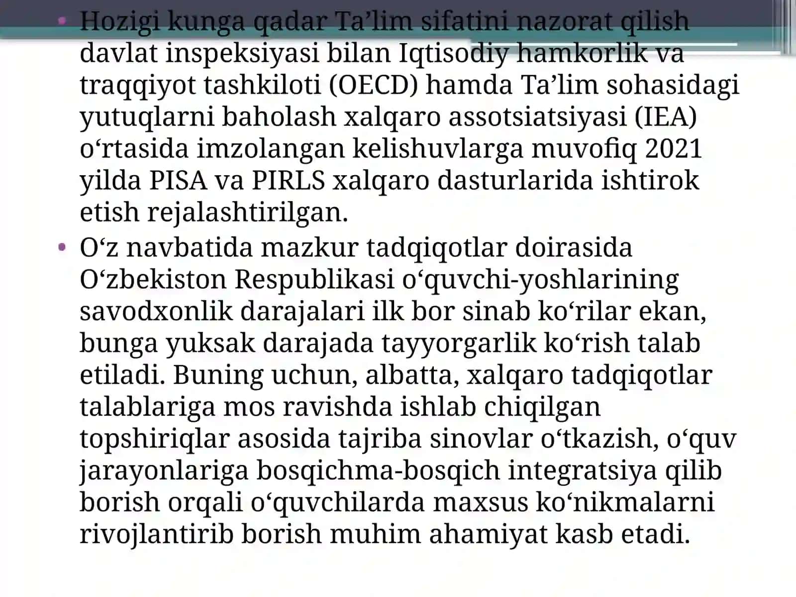 Ta’lim sifat –samaradorligi va xalqaro baholash dasturlari 4