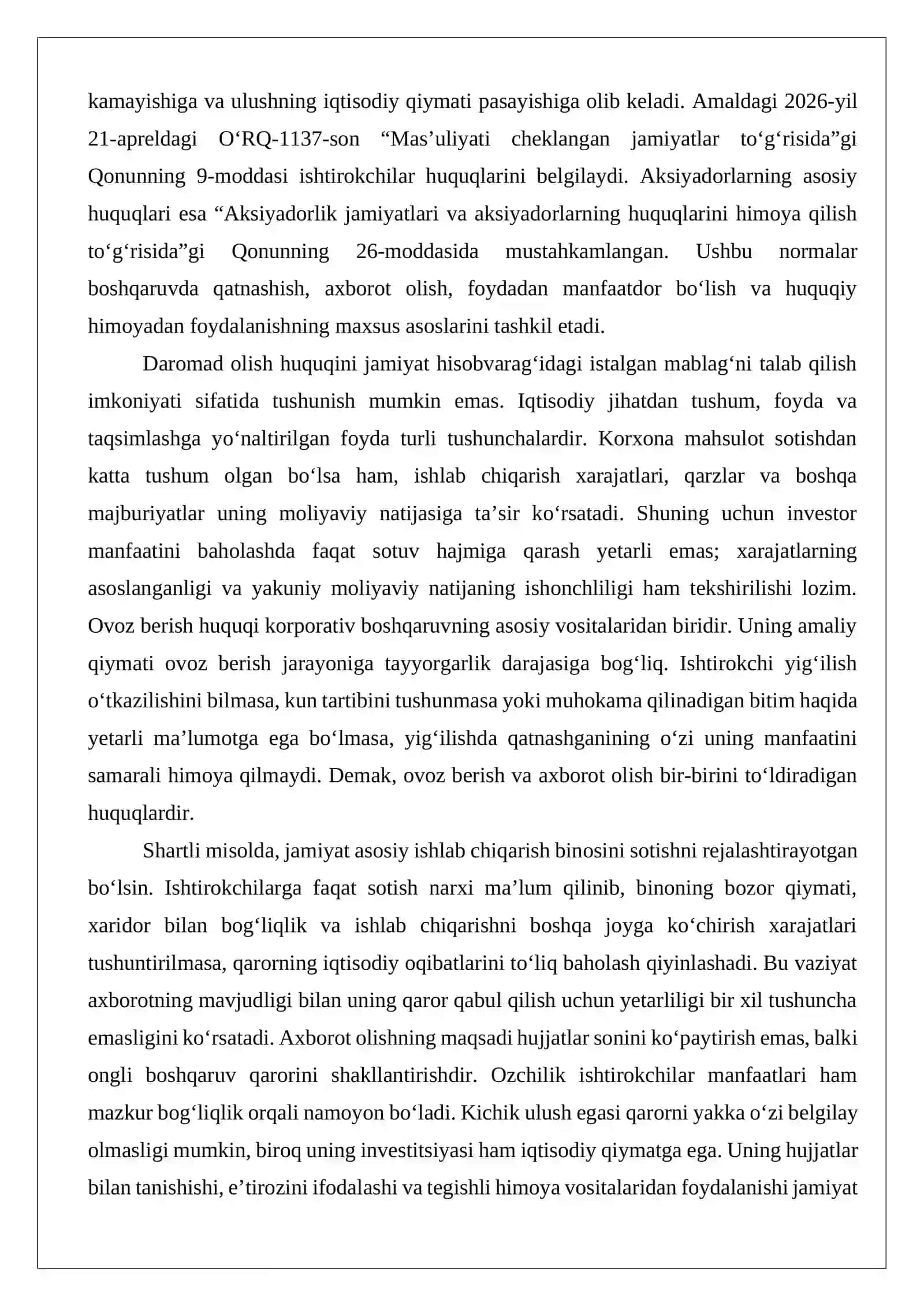 Ishtirokchi va aksiyadorlarning korporativ huquqlari ovoz berish, axborot olish, daromad olish va ozchilik ishtirokchilar manfaatlari..docx 4
