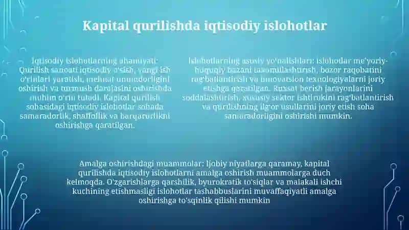 Qurulish-Milliy Iqtisodiyotning Muhim Tarmog'I Sifatida.Kapital Qurilishda Iqtisodiy Islohotlarni Asosiy Yo'Nalishlari Va Muammolari 4