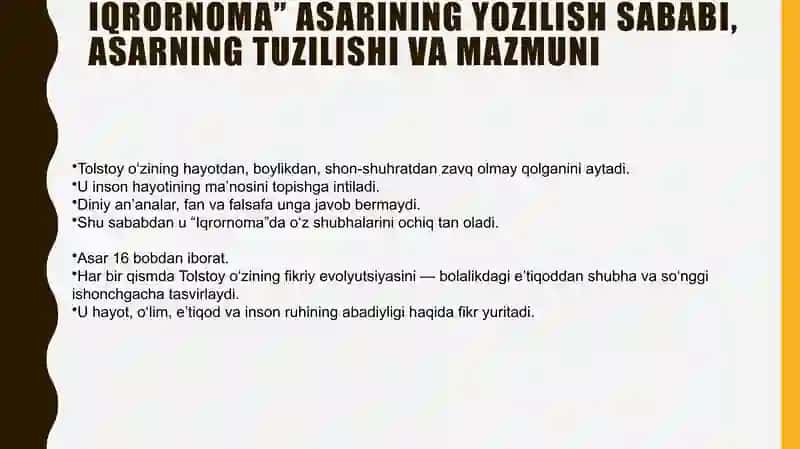 Lev Tolstoyning "Iqrornoma" asaridagi diniy e'tiqodlarni tahlil 4