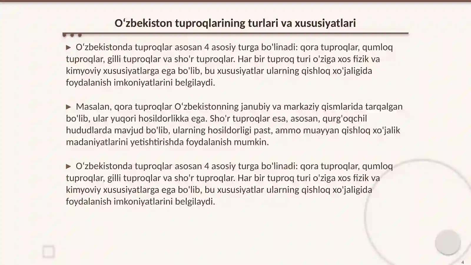 Oʻzbekistonda tuproqlar geografiyasining rivojlanishi.Oʻzbekistonning tekislik mintaqasi tuproqlar geografiyasi va uni muhofaza qilish 4
