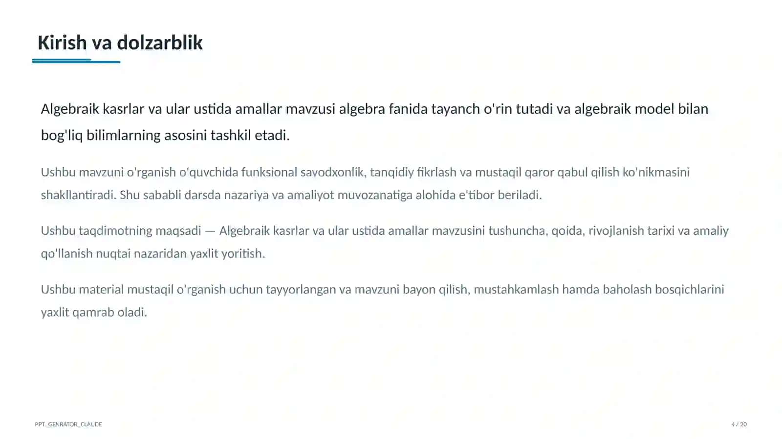 Algebraik kasrlar va ular ustida amallar (8-sinf) 4