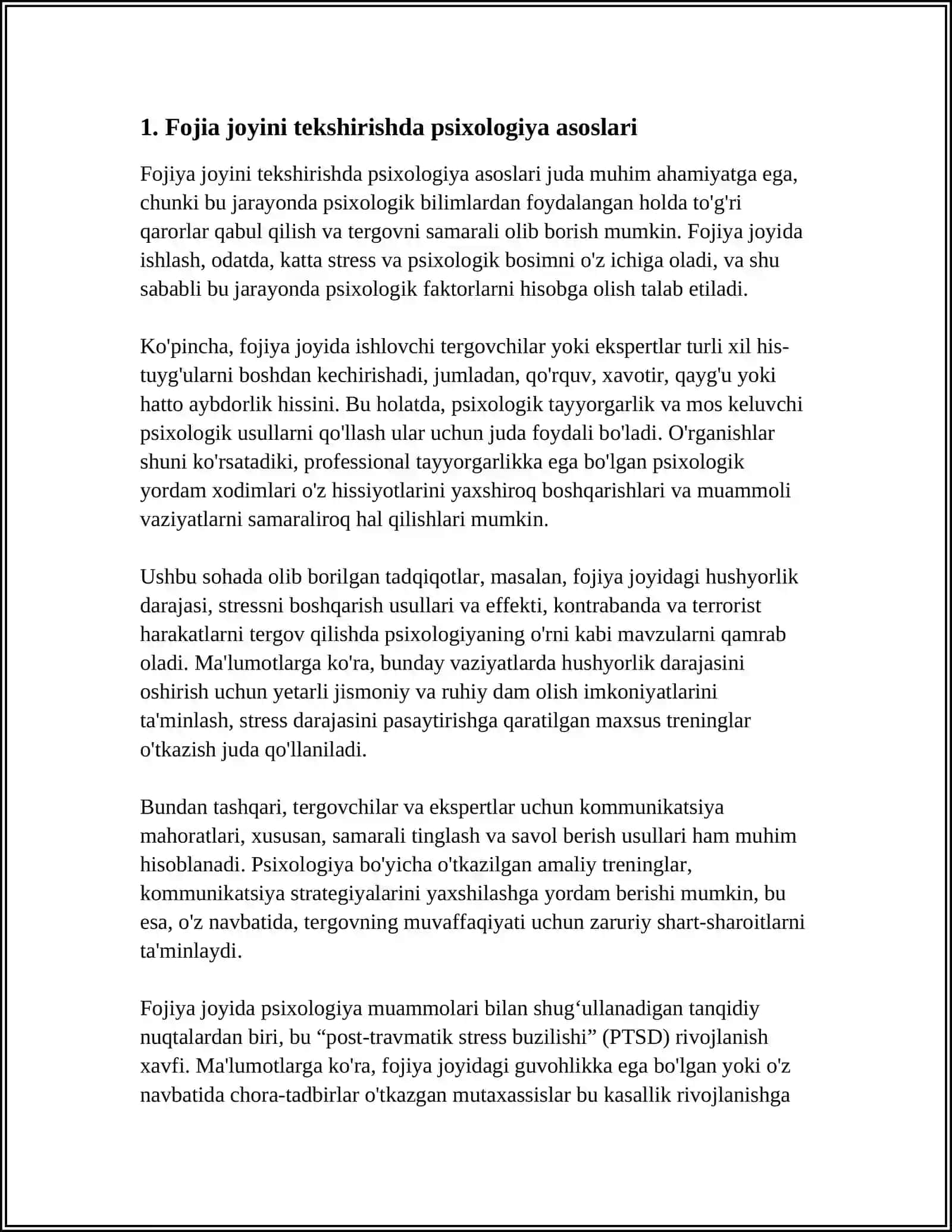 VOQEA SODIR BOʻLGAN JOYNI TEKSHIRISH VA GUVOHLIK BERISH PSIXOLOGIYASI. TINTUV QILISH PSIXOLOGIYASI 4