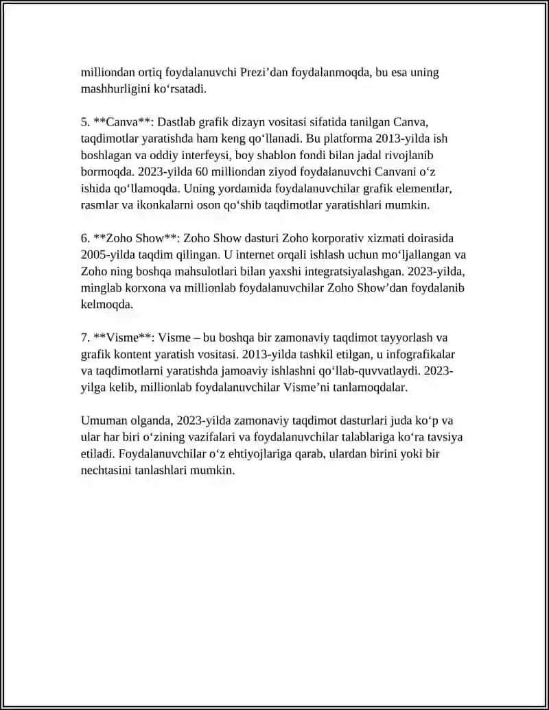 MUSTAQIL ISH Mavzu: ZAMONAVIY TAQDIMOT YARATISH DASTURLARI (PREZY) 4