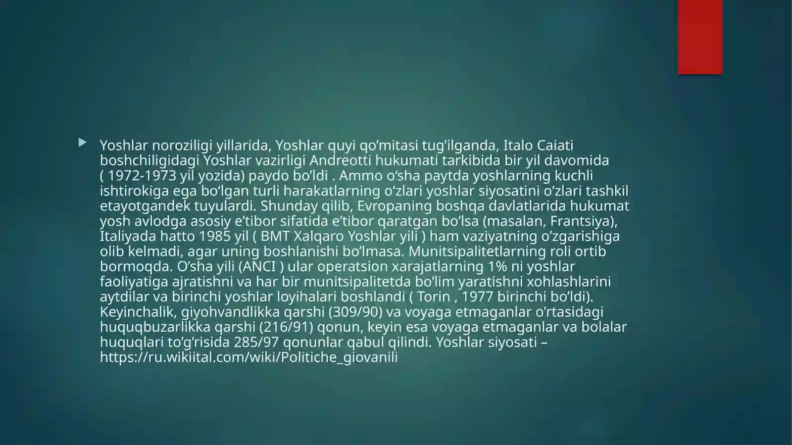Italiyada yoshlarga oid davlat siyosati. 4