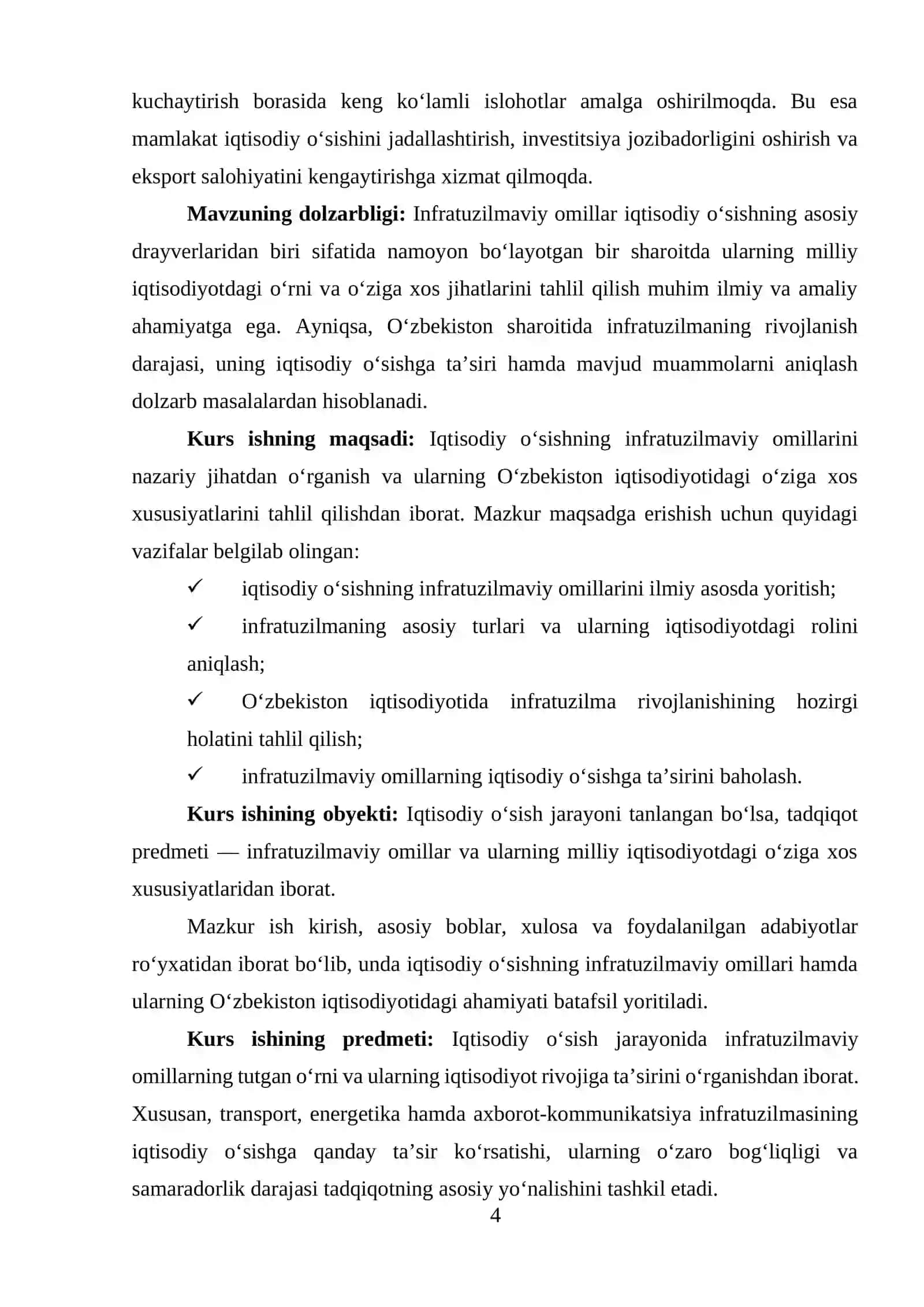 iqtisodiy  o‘sishning  infratuzilmaviy  omillari,  ularning  o‘zbekiston iqtisodiyotidagi o‘ziga xosligi 4