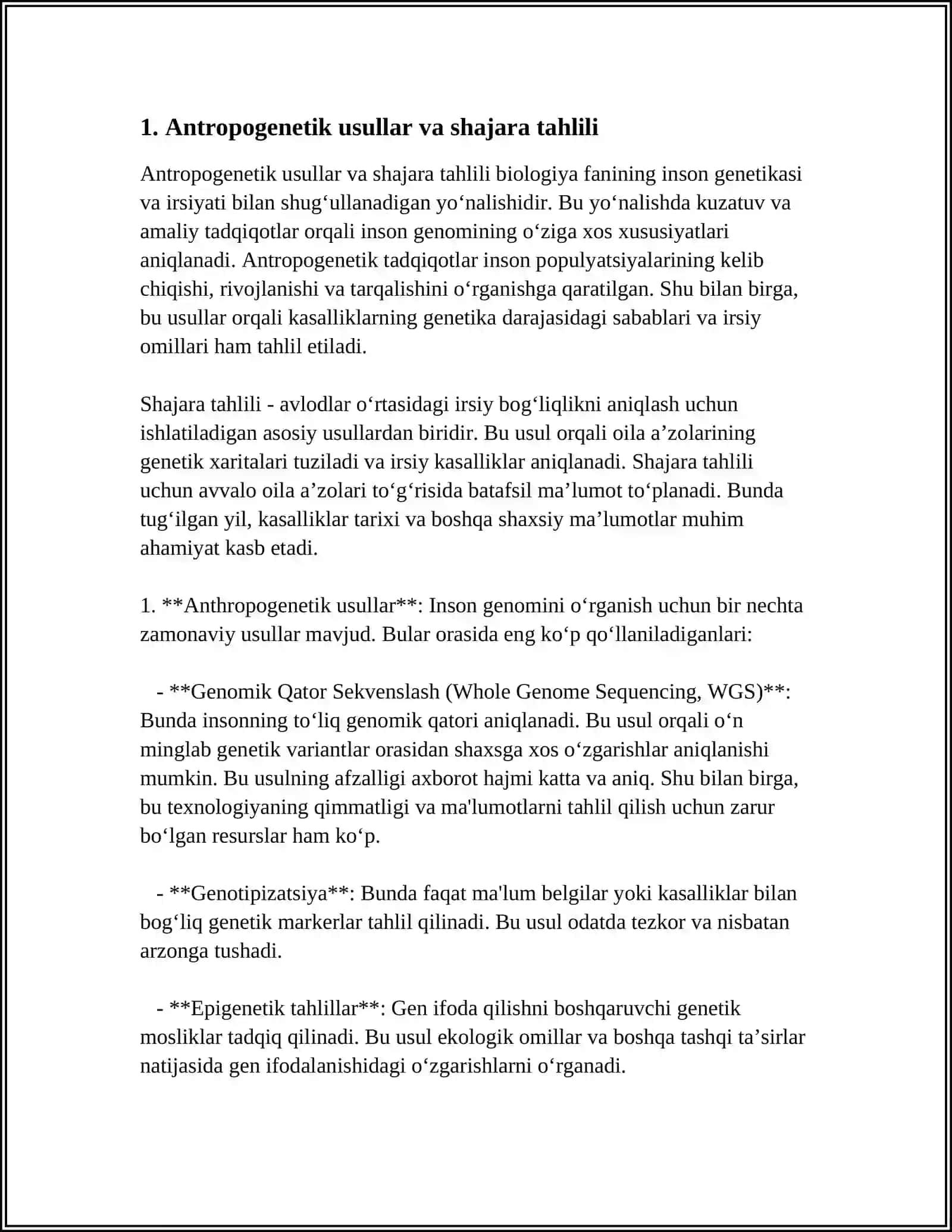 ANTRAPOGENETIKA USULLARI SHAJARA, EGIZAKLAR, POPULATSION-STATISTIK, BIOKIMYOVIY VA SETOGENITIK USULLARI 4