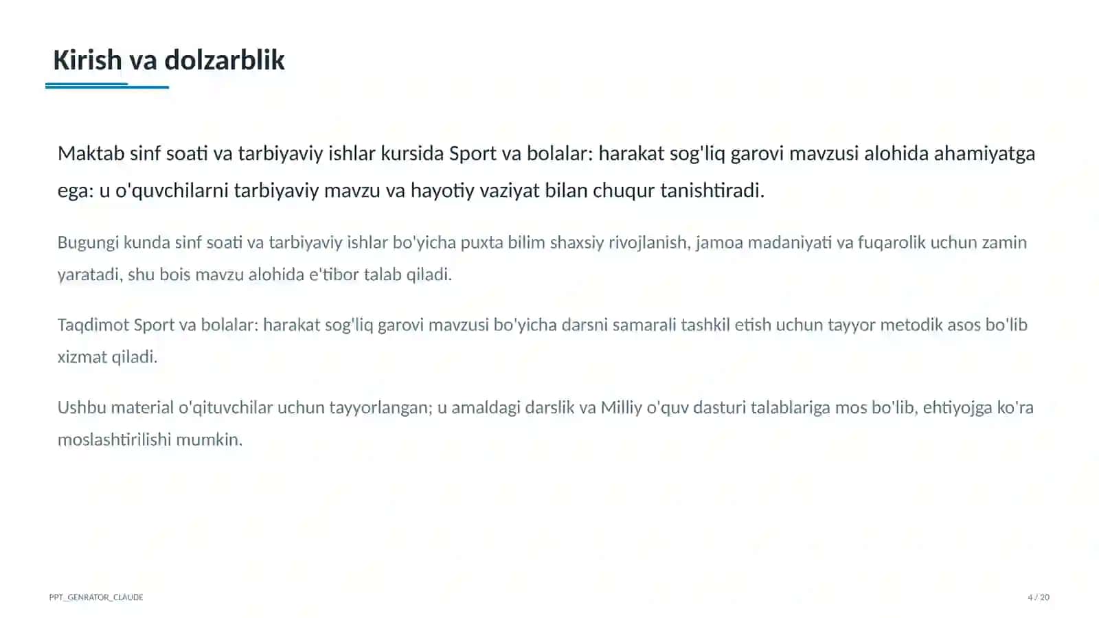 Sinf soati va tarbiyaviy tadbirlar (1–11) — o'qituvchilar uchun 4