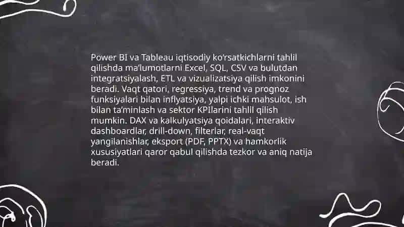 Iqtisodiy ob’yektga oid ma’lumotlar asosida taqdimot tayyorlash va amalga oshirishning zamonaviy texnologiyalaridan foydalanish 4