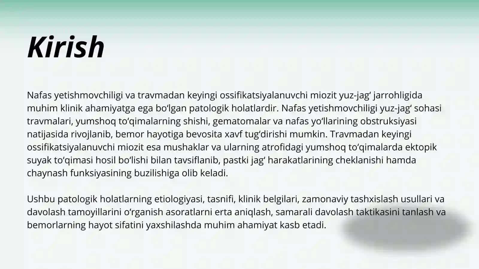 Nafas yetishmovchiligi. Travmadan keyingi ossifikatsiyalanuvchi miozit kinikasi, tashxis, davolash. 4