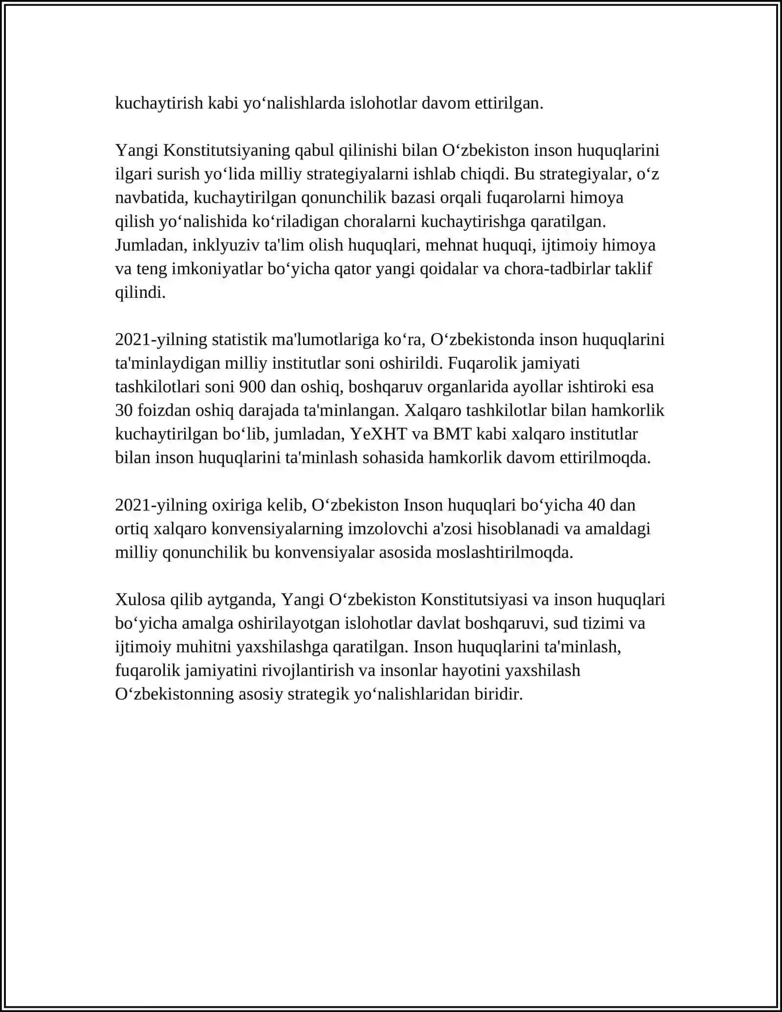 YANGI O‘ZBEKISTONDA INSON HAQ-HUQUQLARI VA ERKINLIKLARI KAFOLATINING YARATILISHI 4