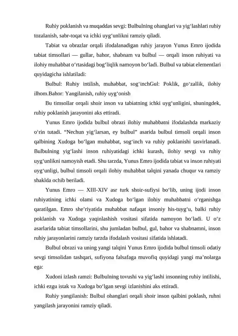 YUNUS EMRO IJODIDA BULBUL OBRAZI VA ILOHIY MUHABBAT TALQINI. (NECHUN YIGʻLARSAN EY BULBUL ASARI MISOLIDA) 4