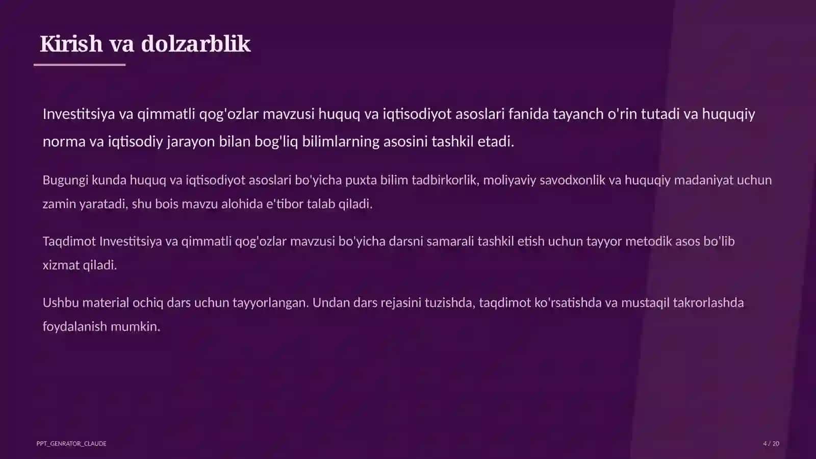 Huquq va iqtisodiyot asoslari (9–11) — ochiq dars uchun 4