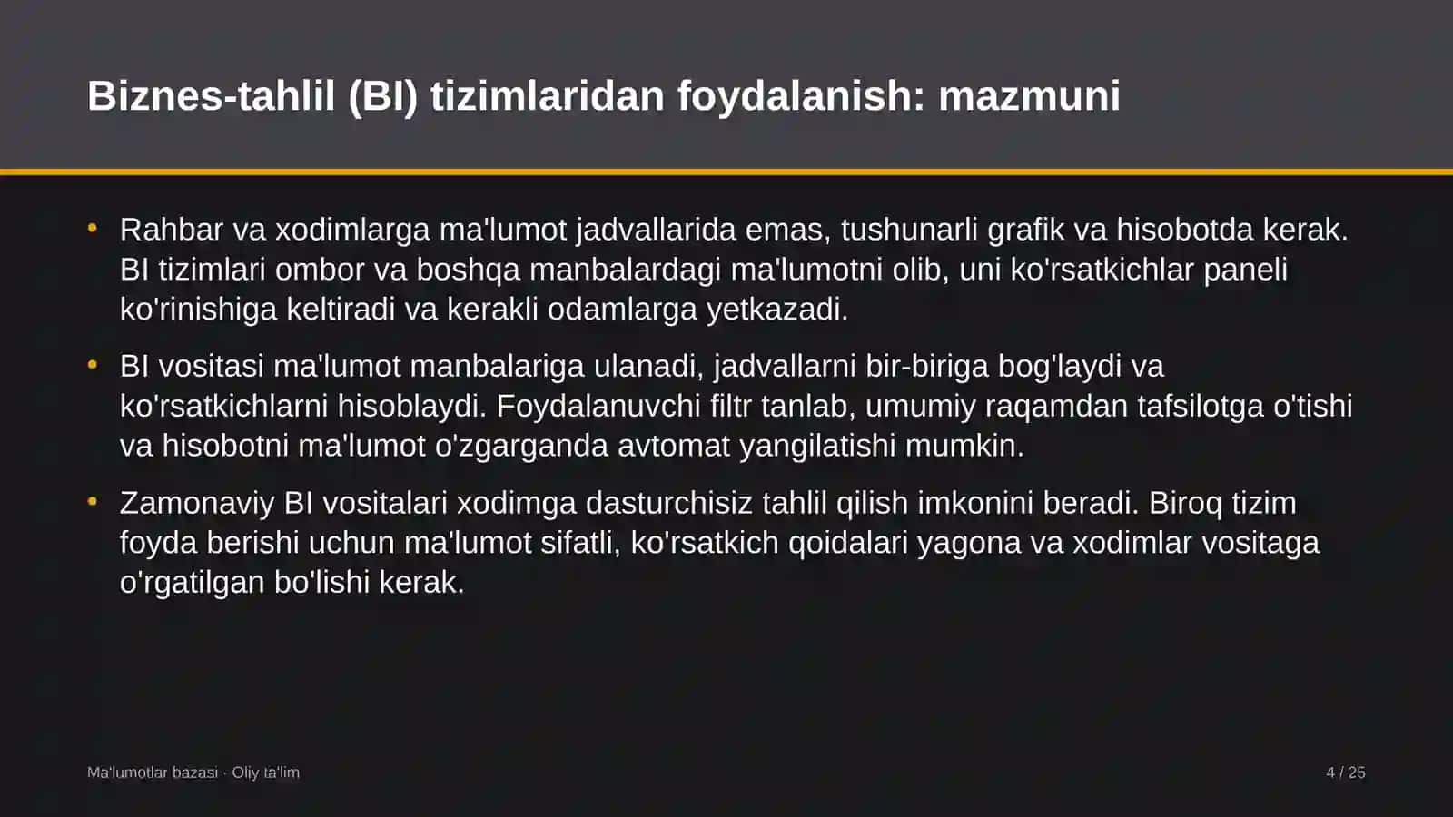 Yuqori tezlikdagi temir yo'l qatnovida biznes-tahlil (BI) tizimlaridan foydalanish 4