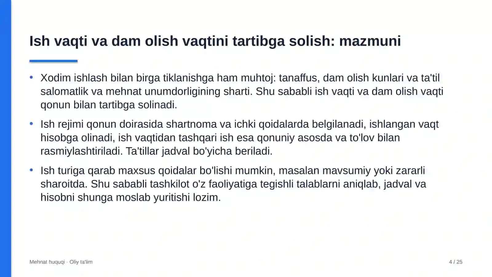 eksport faoliyatida ish vaqti va dam olish vaqtini tartibga solish 5254 4