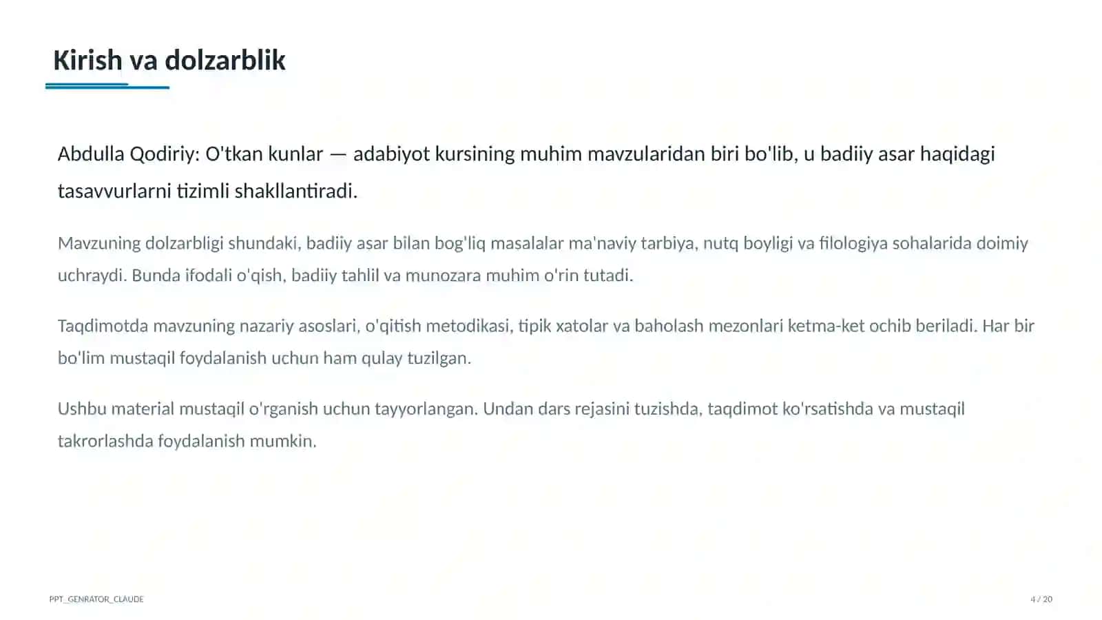Abdulla Qodiriy: O'tkan kunlar (9-sinf) 4