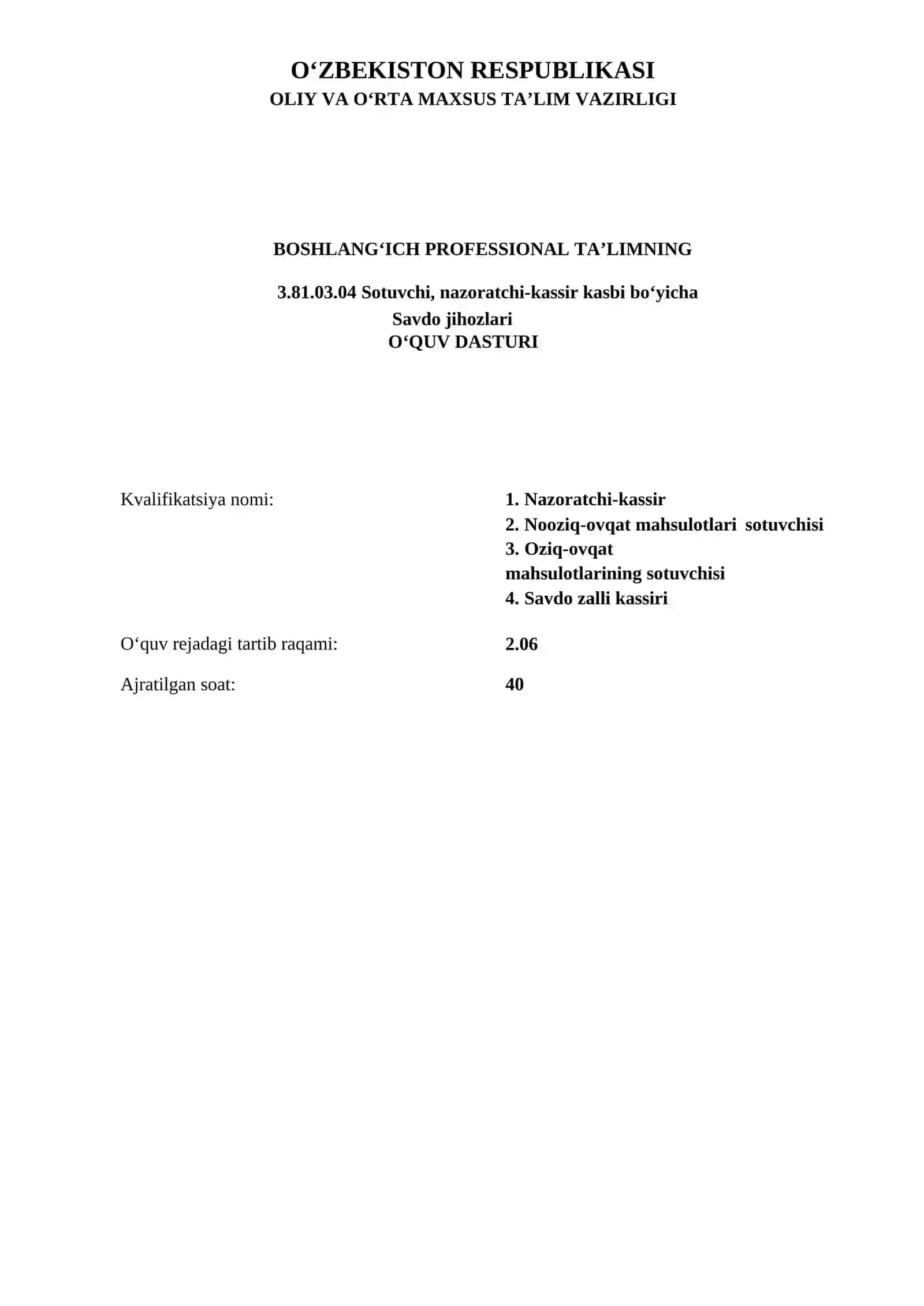 SAVDO JIHOZLAR FANIDAN O‘QITISH MATERIALLARI TO‘PLAMI 4