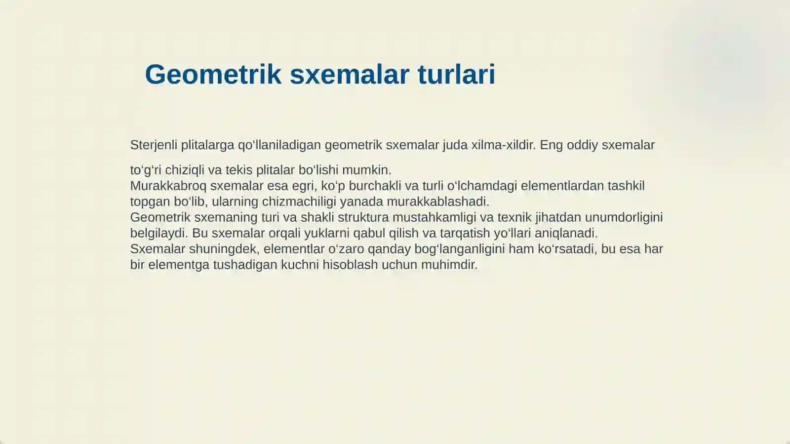 GEOMETRIK SXEMALARI VA TAYANCH SGARTLARI TURLICHA BOʻLGAN STERJENLI PLITALAR (STRUKTURA)NI HISOBLASH. NATIJALARNI TAHLIL QILISH, ELEMENTLARNI KONSTRUKSIYALASH 4