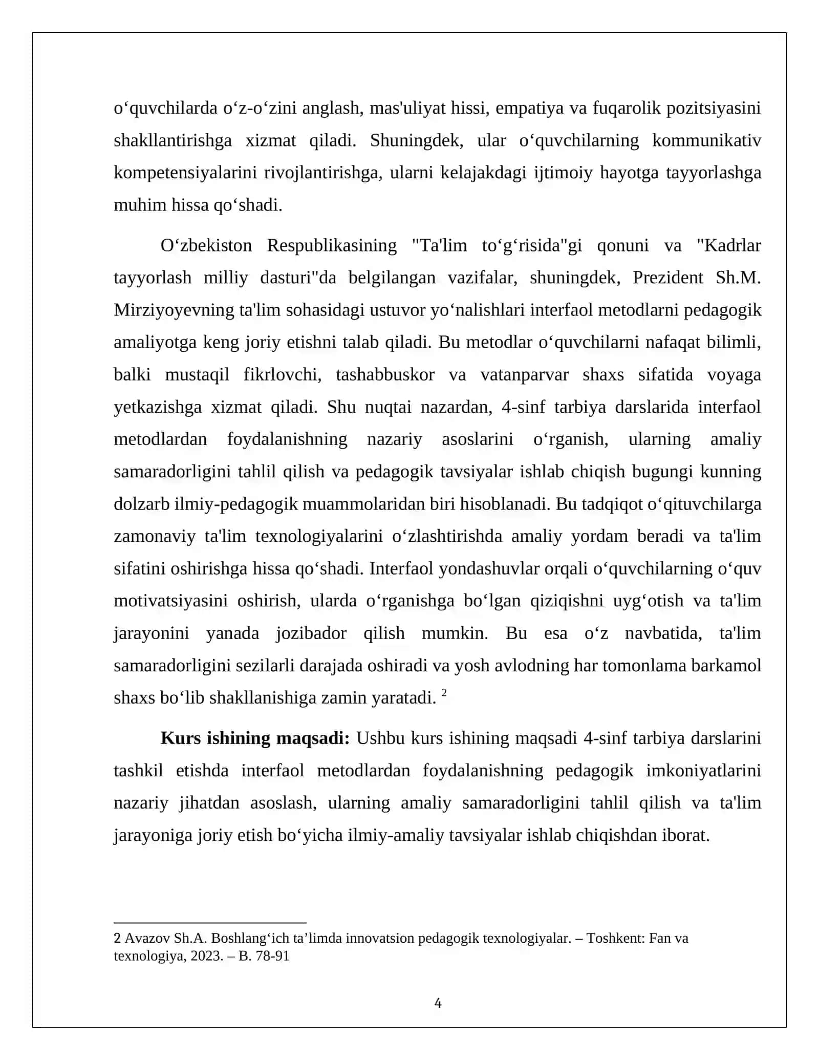 MAVZU: 4-sinf tarbiya darslarini tashkil etishda interfaol metodlardan foydalanish 4