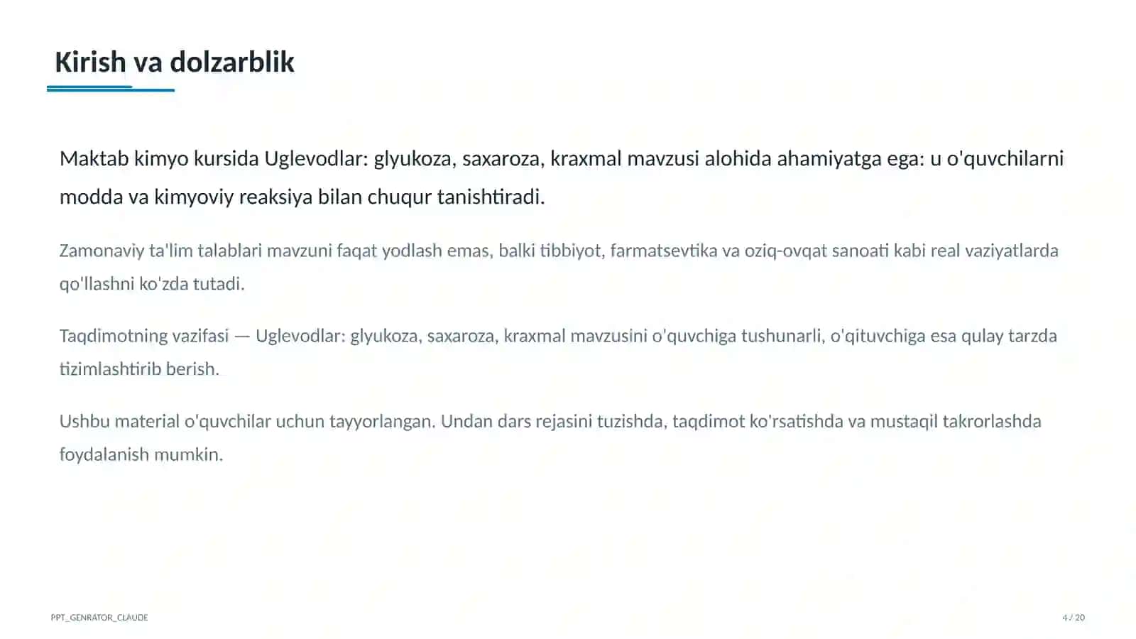 Uglevodlar: glyukoza, saxaroza, kraxmal (11-sinf) Kimyo 4