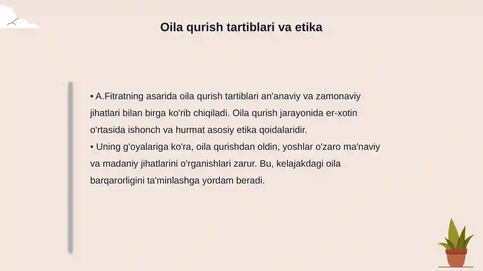 A.Fitratning "Oila asari"dagi oila qurish tartiblari va farzand tarbiyasiga oid g'oyalar 4
