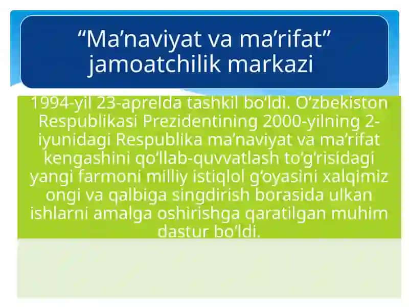 MUSTAQILLIK YILLARIDA O‘ZBEKISTONDAGI MA’NAVIY VA MADANIY TARAQQIYOT. 4
