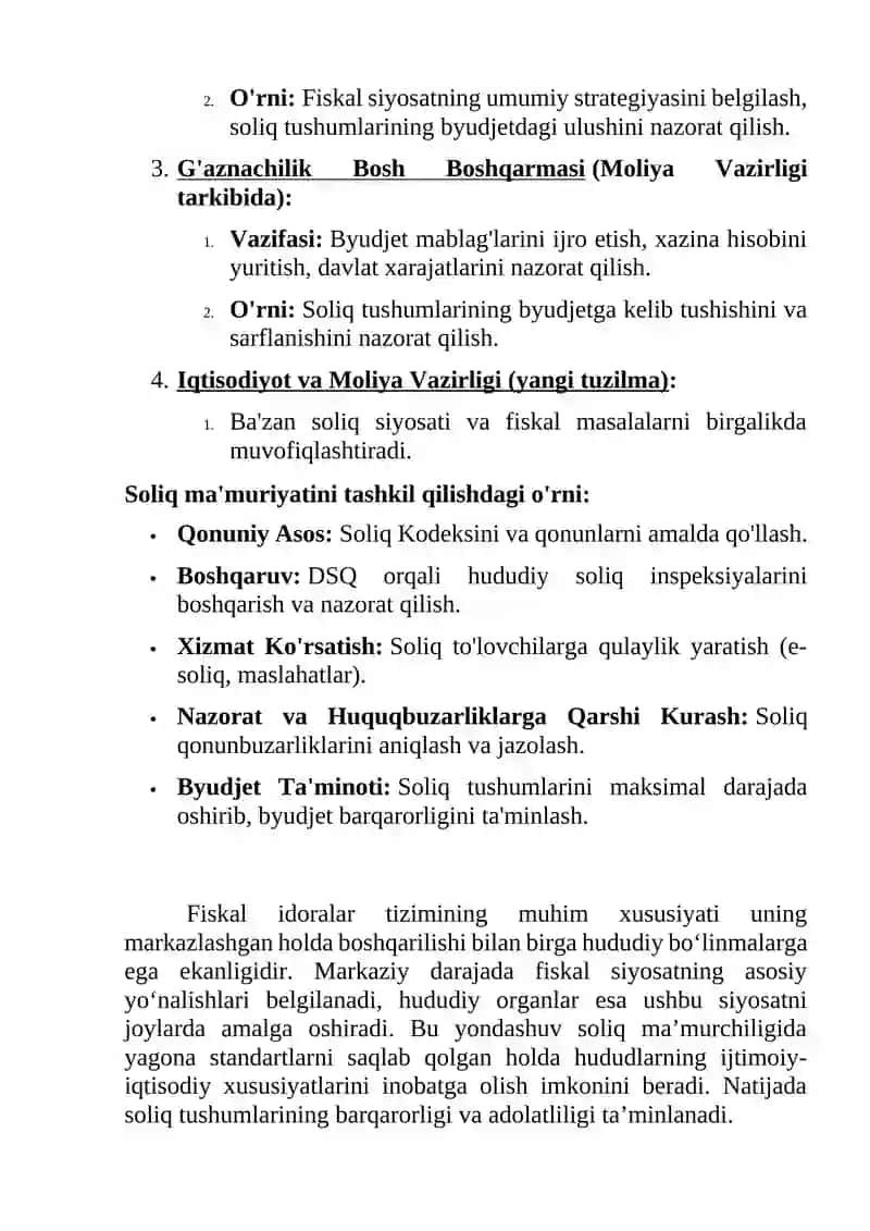 Respublika fiskal idoralari tizimi va ularning soliq ma’murchiligini tashkil qilishdagi o’rni 4