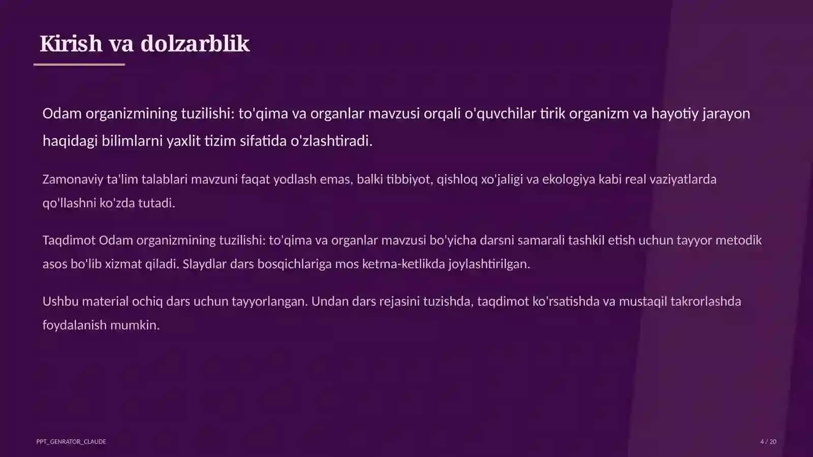 Odam organizmining tuzilishi: to'qima va organlar (8-sinf) 4