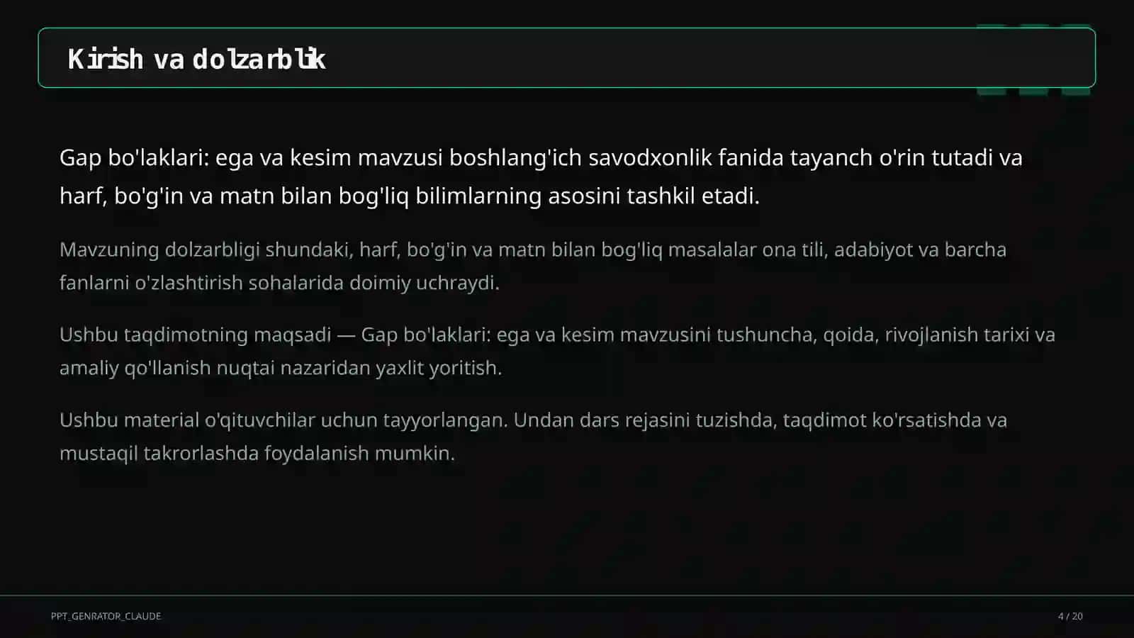 Gap bo'laklari: ega va kesim (4-sinf) 4