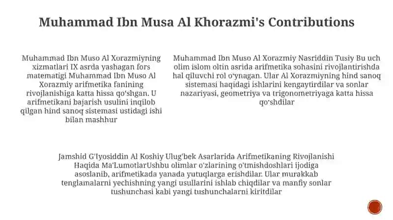 Muhammad Ibn Muso Al Xorazmiy Nasriddin Tusiy Jamshid G'Iyosiddin Al Koshiy Ulugbek Asarlarida Arifmetikaning Rivojlanishi Haqida Ma'Lumotlar 4