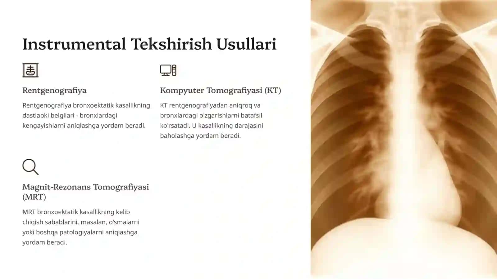 Bronxoektatik kasallik. Klinik, laborator va instrumental tekshirish usullari. Bronxografiya, bronxoskopiya 4