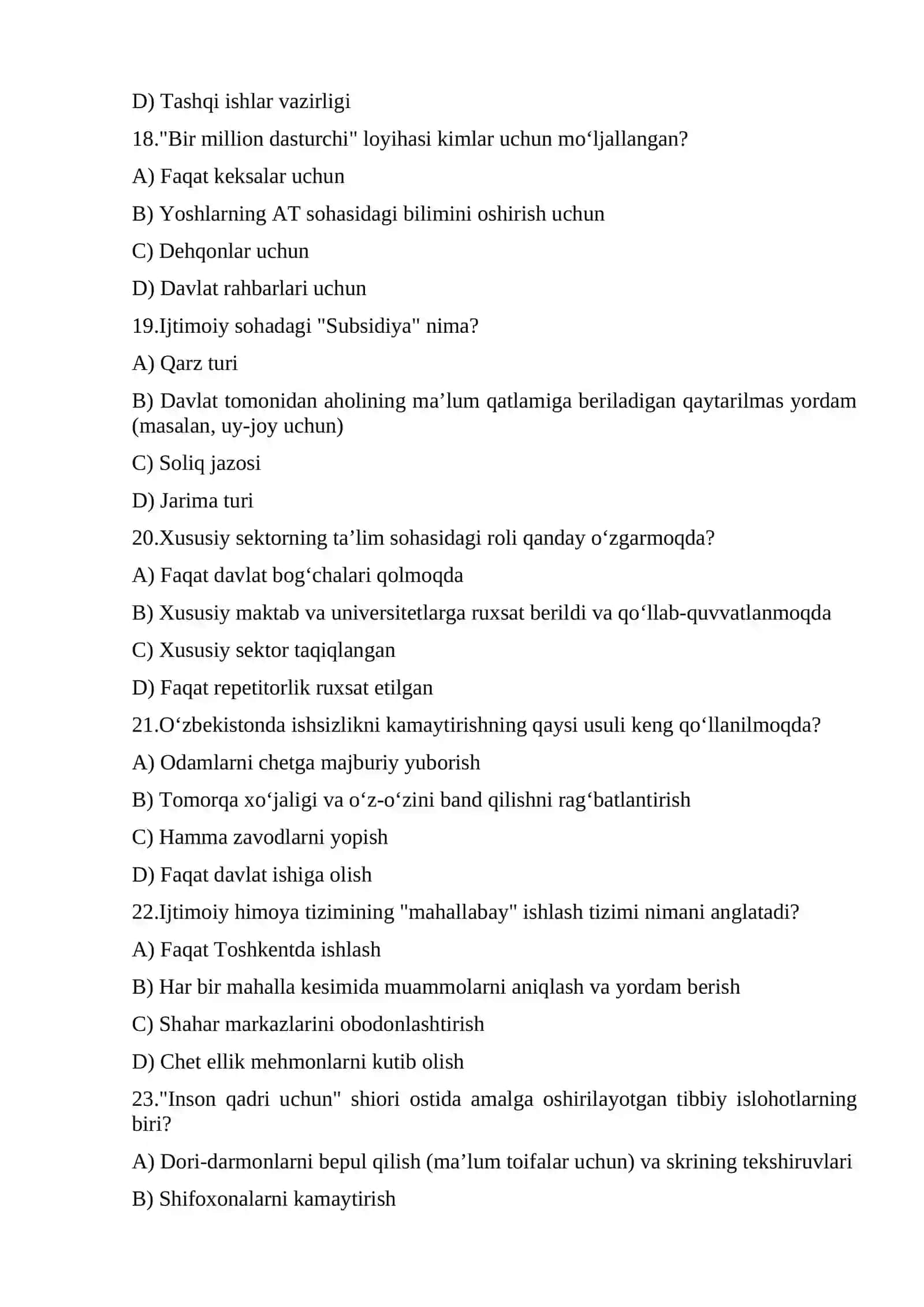 O'zbekistonda ijtimoiy sohadagi islohotlar bo'yicha testlar TEST. 4