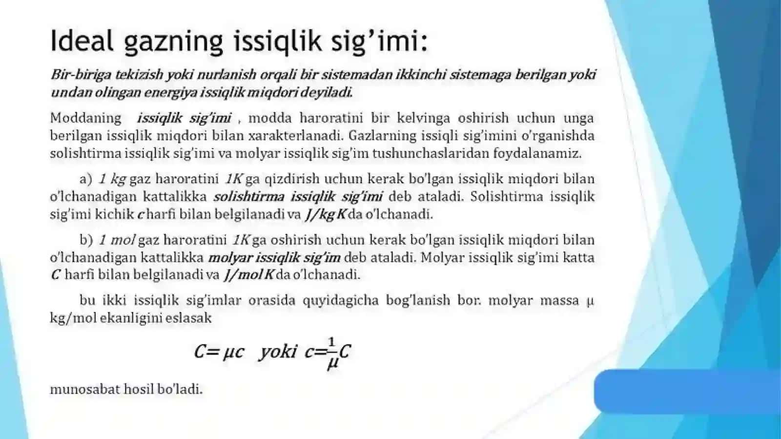 Ideal gazning bosimi ichki   enargiyasiVa issiqlik  sigʻimi 4