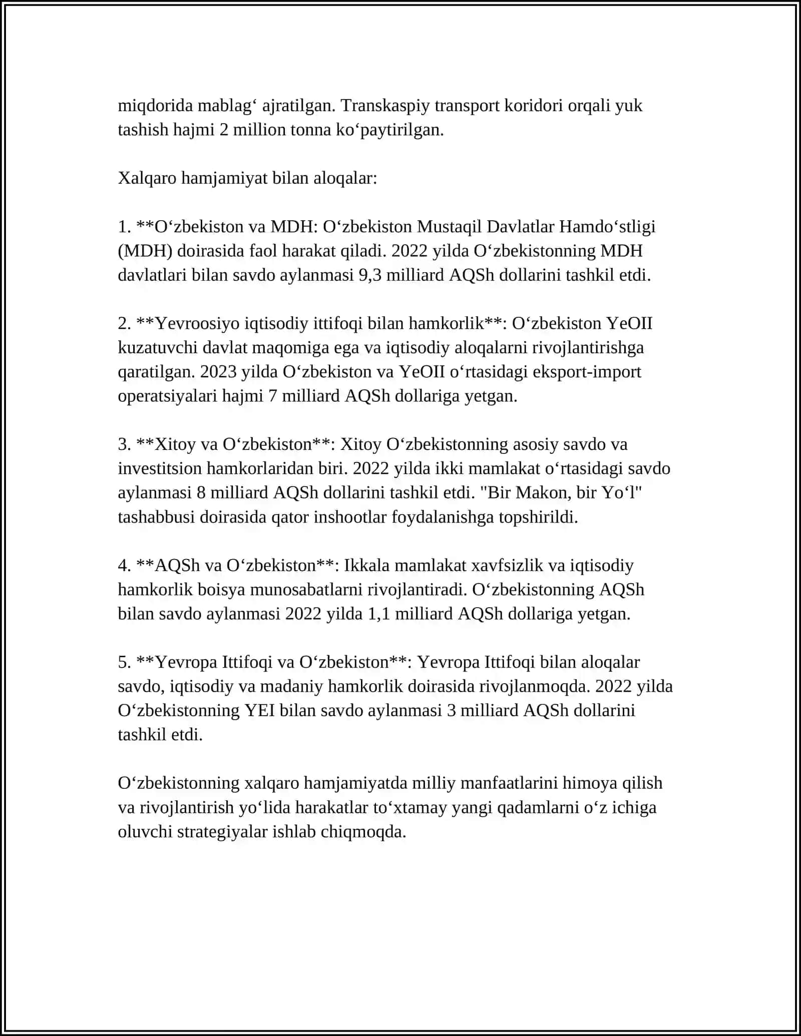 MUSTAQIL ISH Mavzu: O'ZBEKISTON VA JOHON HAMJAMIYATI 4