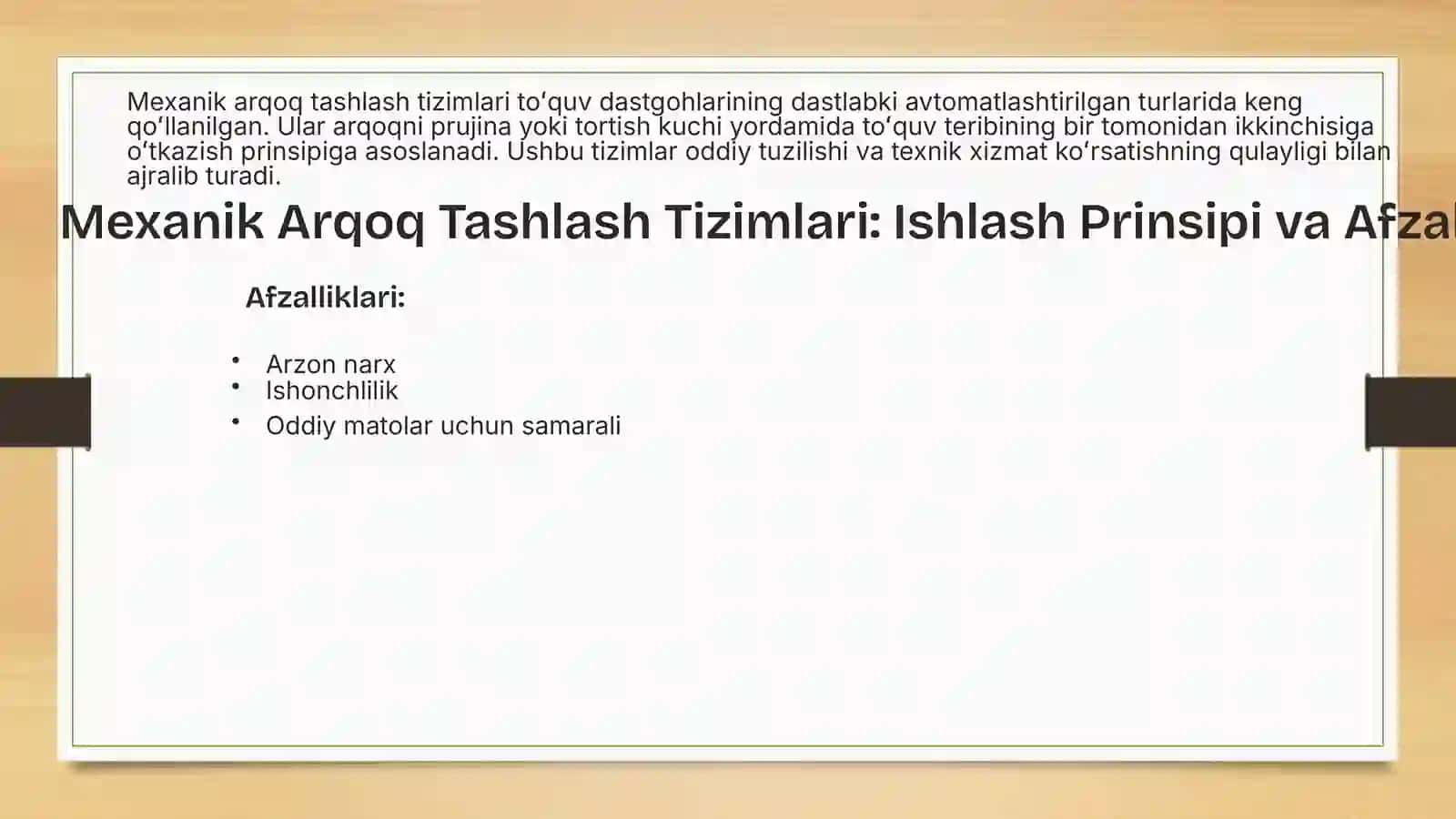 Zamonaviy toʻquv dastgohida arqoq tashlash, turlari, vazifalari va harakat usullari tahlili 4