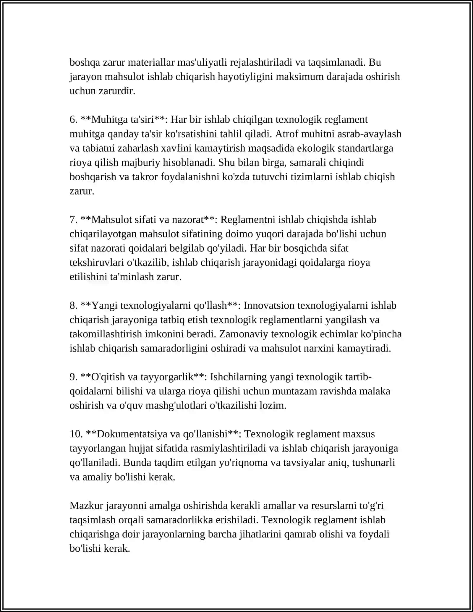 MUSTAQIL ISH Mavzu: TEXNOLOGIK REGLAMENT 4